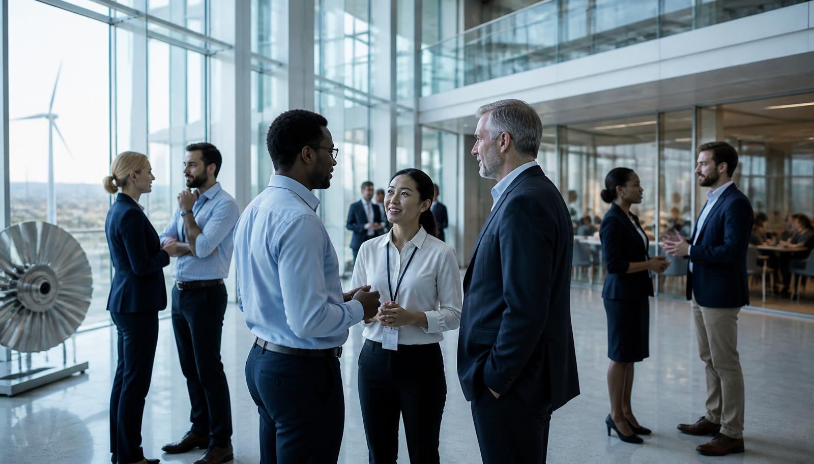 Colleagues from a large energy organisation talking together in an office atrium