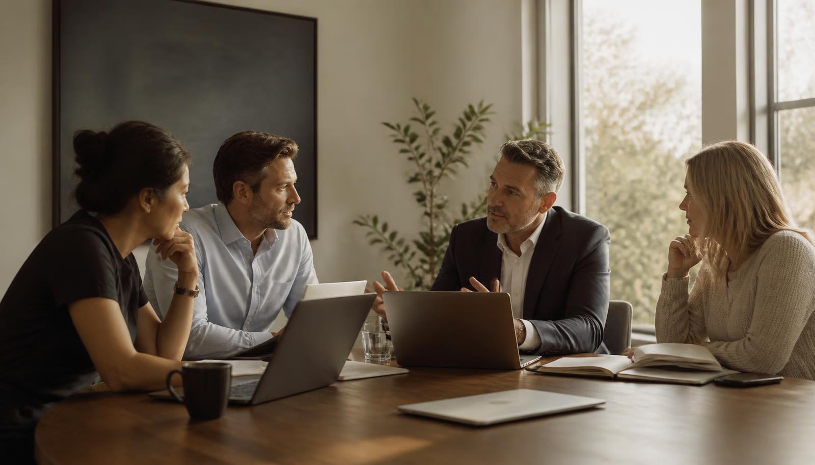 A small investment leadership team in focused discussion around a table