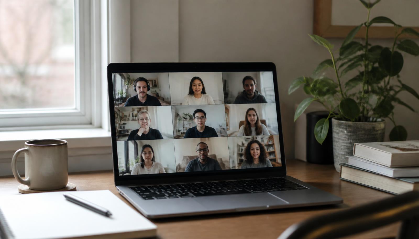 A laptop showing a video call with a remote team spread across time zones